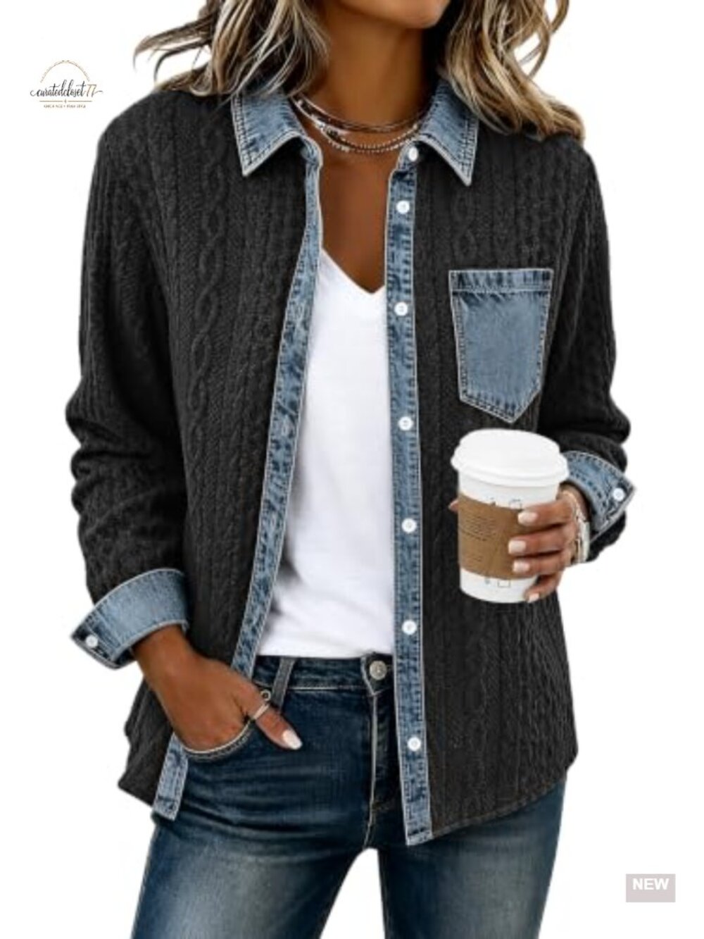 Denim Patchwork Button Down Loose Shacket Women Casual Fall Jacket Coat